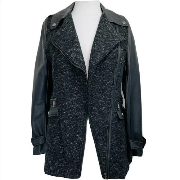 Steve Madden Tweed and faux leather Winter Coat Asymmetrical Front Zipper sz M